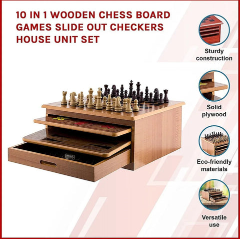 10 in 1 Wooden Chess Board Games Slide Out Best Checkers House Unit Set - Brown