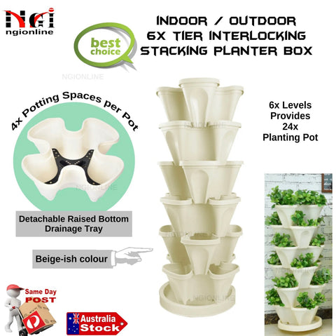 6x TIERS STACKING PLANTER POT STACKERS GARDEN HERB FLOWER VERTICAL HYDROPONIC