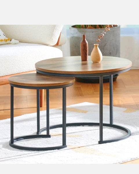 Nested Coffee Table Set 2 in 1 Round End Tables Bedside Furniture Wood Top 60cm