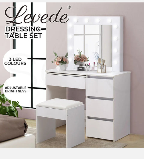 Levede Dressing Table Set  Stool Makeup Mirror Jewellery Organizer Cabinet LEDs