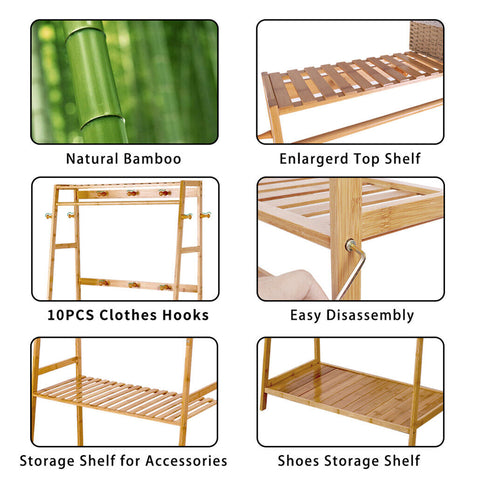 Heavy Duty Bamboo Clothes Rail Rack Garment Stand w/ 3 Shelf Shoe Storage Ladder