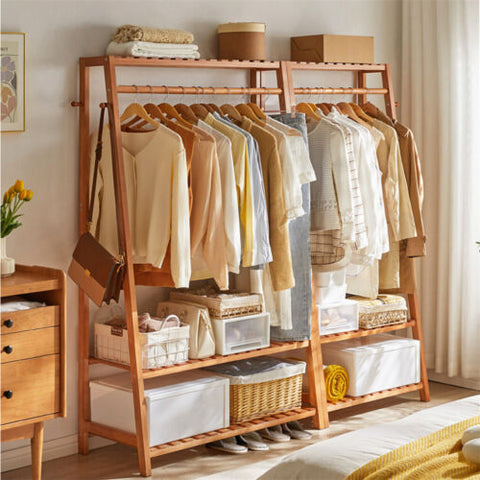 Heavy Duty Bamboo Clothes Rail Rack Garment Stand w/ 3 Shelf Shoe Storage Ladder