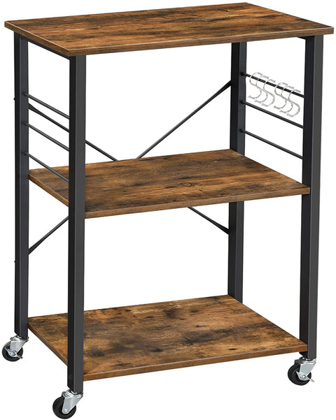 Kitchen Baker’s Rack,  3-Tier Serving Cart with Metal Frame and 6 Hooks, Rustic Brown