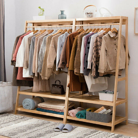 Solid Wood Coat Rack Stand Clothes Hanging Rail Rack Shelf Closet Hooks Portable - Bright Tech Home