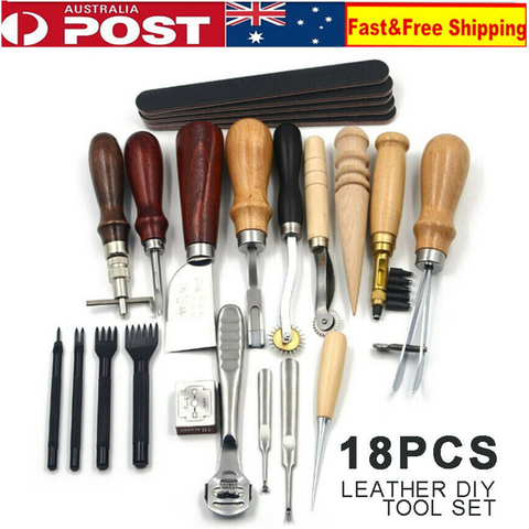 18Pcs Leather Craft Tool Kit Carving Working Set Punch Stitching Sewing Stamping - Bright Tech Home