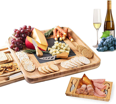 VIKUS Bamboo Cheese Board and Knife Set with Cutlery including Slate Rock Tray, 4 Stainless Steel Knife & Thick Wooden tray