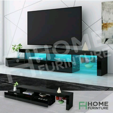 240cm TV Cabinet Entertainment Unit High Gloss Wooden 3 Drawers w/RGB LED Black - Bright Tech Home