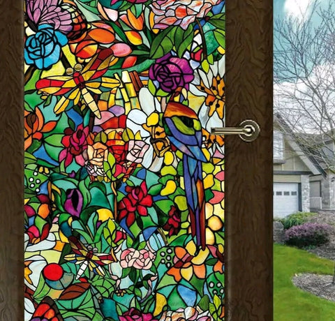 Flower Blossom Chapel Window Film Sticker Cling Stained Glass Decor UV Block DIY - Bright Tech Home