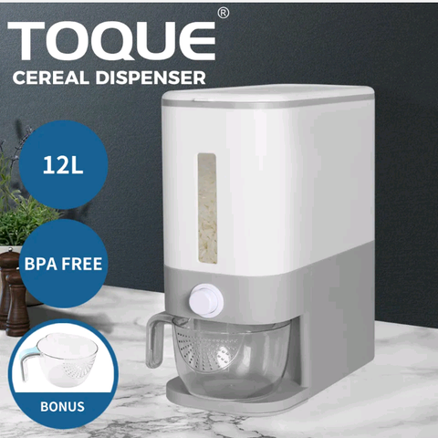 TOQUE Rice Cereal Dispenser Auto Grain Container Box Food Storage Case 12L Grey
