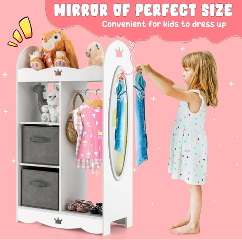 Kids Wardrobe Clothes Closet Armoire Organizer w/ Mirror Storage Bins & Hanger