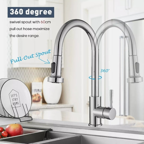 WELS Kitchen Mixer Tap Pull Out 2-Mode 360° Swivel Sink Laundry Faucet Chrome