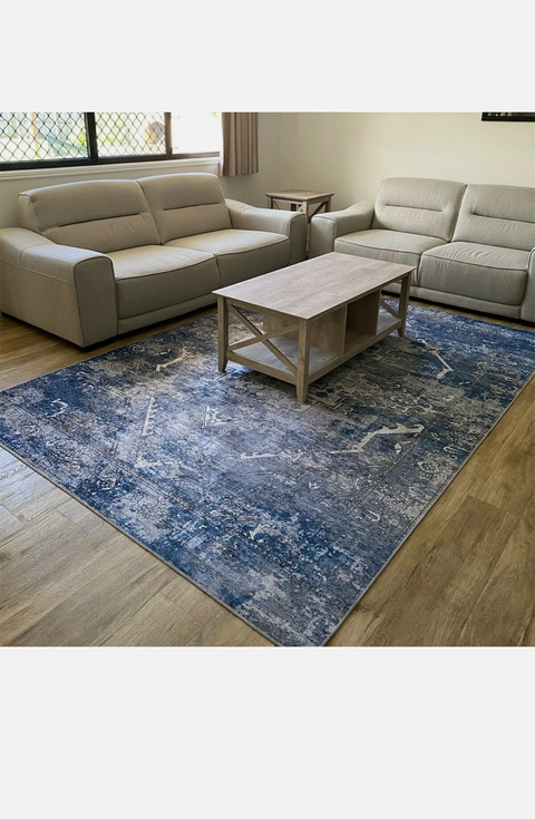 Extra Large Floor Rug Blue Grey Distressed Allover Persian Vintage  Carpet Runner