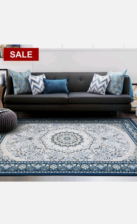 Deal Large Navy Blue Rugs Soft Beautiful Mandala Persian Traditional Carpet Mat