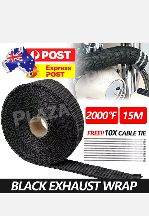2000F Exhaust Wrap Heat Resistant 15M x 50mm + 10 Stainless Steel Ties Black - Bright Tech Home