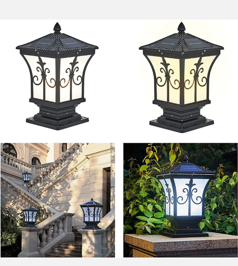 LED Solar Retro Lantern Pillar Light Outdoor Column Lamp Garden Fence Decor