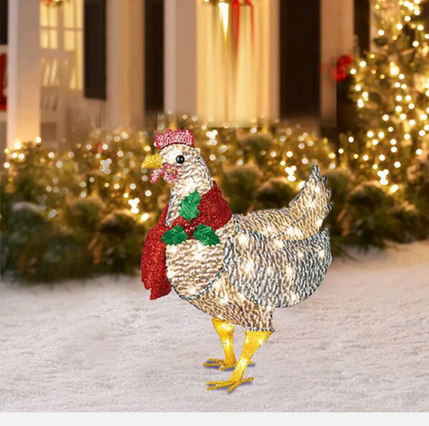 Christmas Light-Up Chicken Lantern Chicken Sculpture Lawn Metal Courtyard Deco G