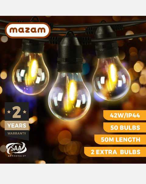 Mazam 50M Festoon String Lights LED Christmas Waterproof Wedding Party Outdoor