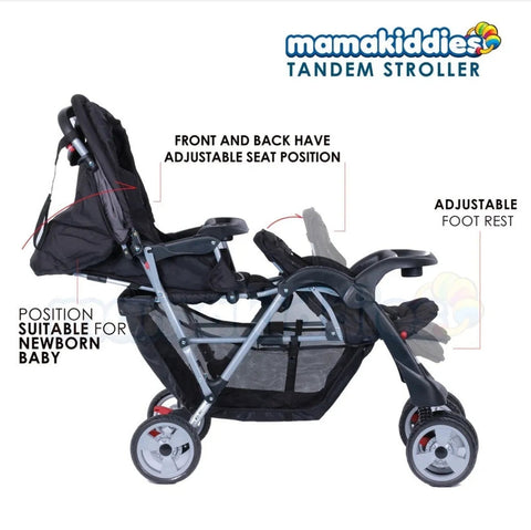 New Mamakiddies Tandem Double Pram Twin Stroller New Born Toddler Baby Jogger