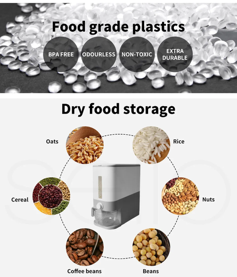 TOQUE Rice Cereal Dispenser Auto Grain Container Box Food Storage Case 12L Grey