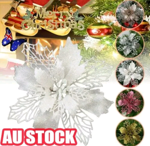10x Glitter Poinsettia Flower Christmas Wreath Tree Decorations Xmas Gift AT - Bright Tech Home