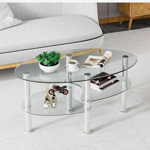 Giantex Oval Coffee Table 3-Tier Tempered Glass & Chrome Base Clear Living Room