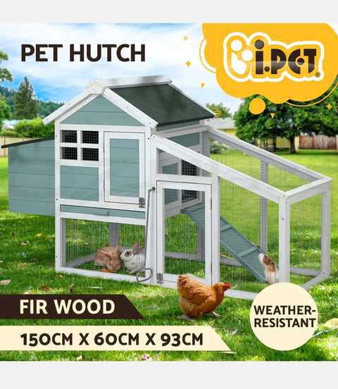i.Pet Rabbit Hutch Chicken Coop Large House Run Cage Wooden Outdoor Bunny Coops