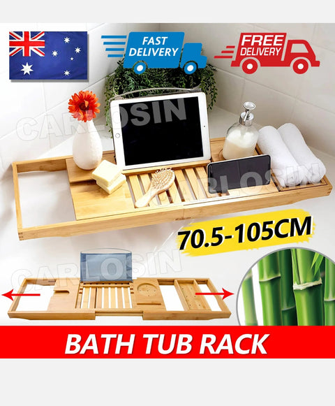 Bathroom Bamboo Bath Caddy Book Wine Glass Holder Tray Over Bathtub Rack Support