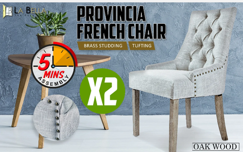 La Bella 2 Set French Provincial Dining Chair Amour Oak Fabric Studs Retro - Gre