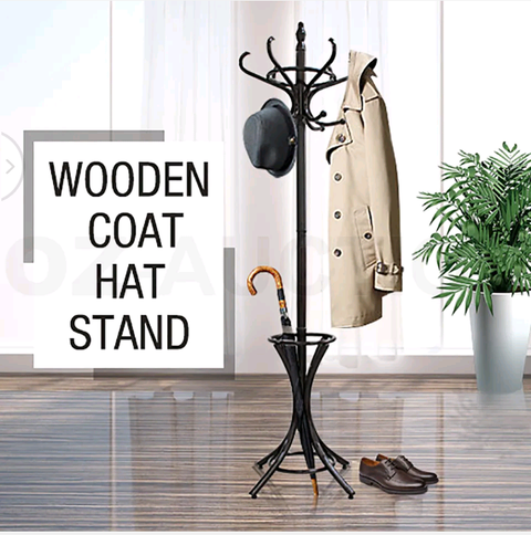 Tree Style 12 Hooks Hat Coat Clothes Rack Wooden Umbrella Stand Walnut Base Ring