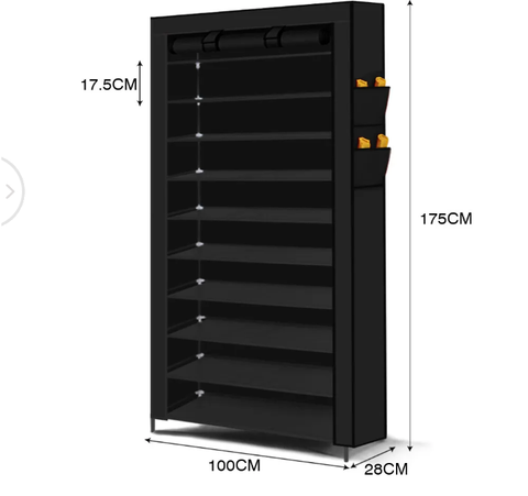Levede 10 Tier Shoe Rack Portable Storage Cabinet Organiser Wardrobe Black Cover