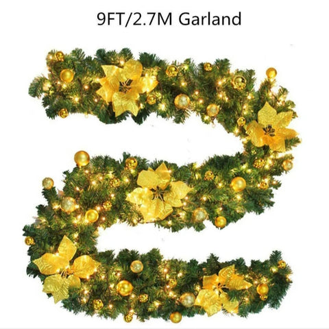 9ft Christmas Garland Artificial Wreath with LED Lights Stairs Xmas Rattan Decor