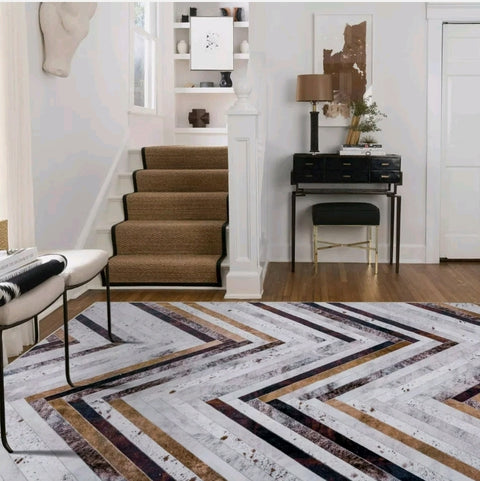Large Faux Cowhide Rug Grey Brown Striped Calf Hide Modern Carpet Washable Rugs - Bright Tech Home