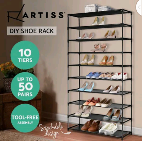 Artiss Shoe Rack Stackable Shelves Cabinet Storage 10 Tiers Shoes Stand Black
