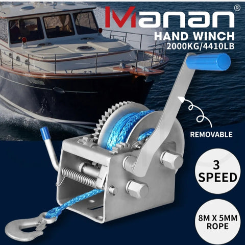 Manan Hand Winch 2000KG /4410LB 3 Speed Manual Car 4WD Boat Trailer Dyneema Rope - Bright Tech Home