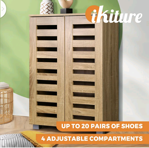 Oikiture  Shoes Rack Shoe Storage Cabinet Organiser Shelf 2 Doors 20 Pairs Wooden