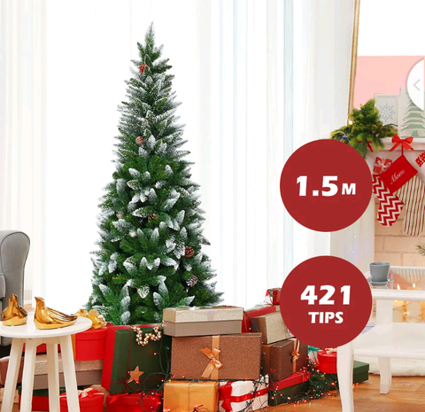 1.5M Slim Pencil Christmas Tree Snow Flocked Xmas Hinged Tree Home Decor Green - Bright Tech Home