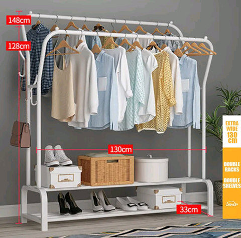 Large Wide Double 2-Tier Coat Hanging Stand Wardrobe Clothes Hanger Rack (White) - Bright Tech Home