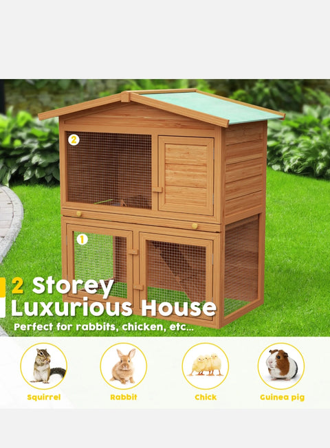 2 Storey Rabbit Hutch Chicken Coop Wooden Run Cage Outdoor Pet Bunny House AU