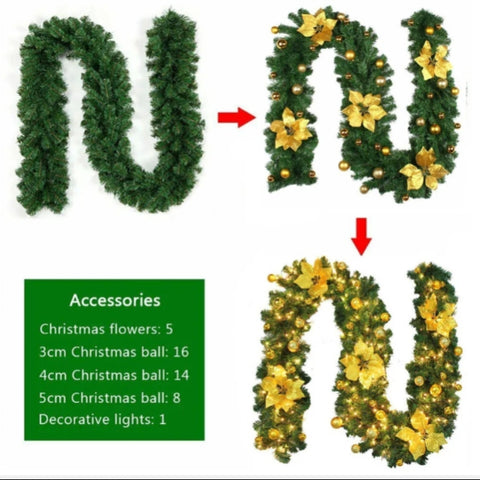 9ft Christmas Garland Artificial Wreath with LED Lights Stairs Xmas Rattan Decor