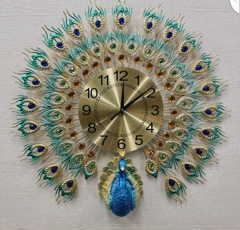 60cm 3D Peacock Wall Clock Large with Acrylic Crystals Luxury Home Decore