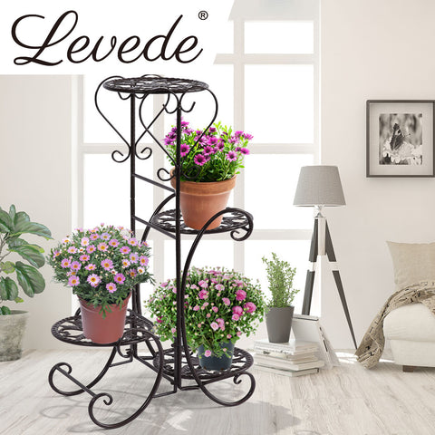 2x Levede Flower Shape Metal Plant Stand with 4 Plant Pot Space in Black Colour - Bright Tech Home