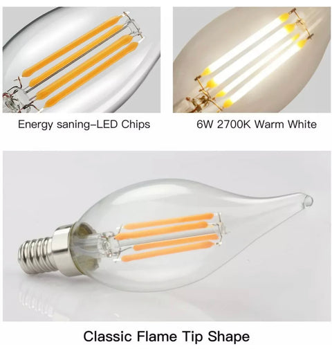 10pcs E14 6W LED Dimmable Bulb Flame Chandelier Candle Light SES Edison Lamp - Bright Tech Home