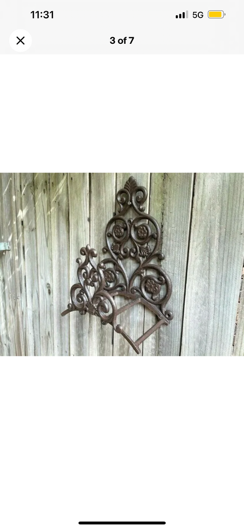 French Country Style Cast Iron Garden Hose Holder Floral Scrolls Rustic Brown