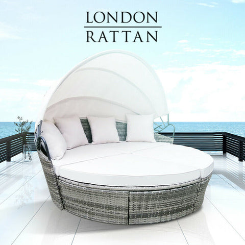 LONDON RATTAN Day Bed Daybed Sofa Garden Wicker Round Grey Outdoor Furniture