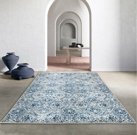 Non Slip Oriental Traditional Designer Mozaic Tiles Blue Trellis Distressed Rug