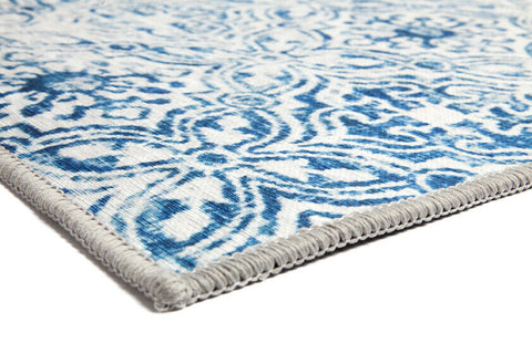 Non Slip Oriental Traditional Designer Mozaic Tiles Blue Trellis Distressed Rug