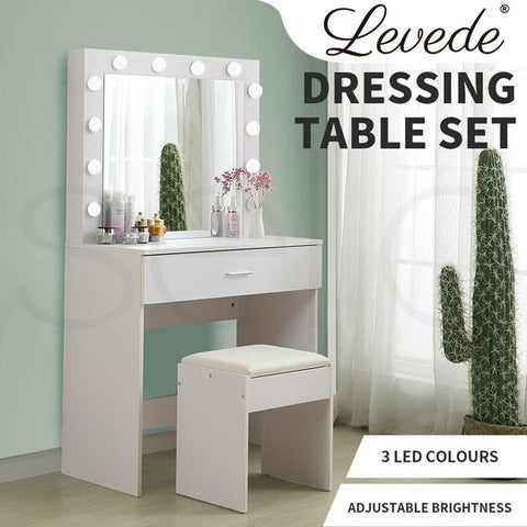Levede Dressing Table Set Makeup Mirror Jewellery Organizer Cabinet 12 LED Bulbs - Bright Tech Home