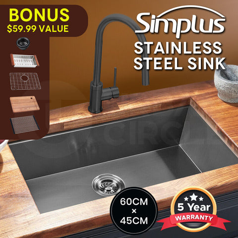 Simplus Stainless Steel Kitchen Sink Laundry Under-Mount Single 60x45cm Black