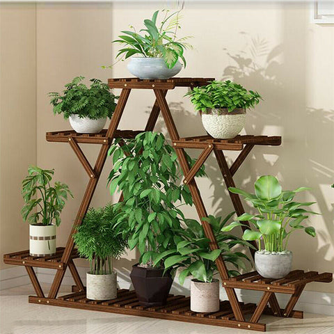 Heavy Duty Pine  Wood Plant Stand Triangle In-Outdoor Flower Succulent Pots Shelf