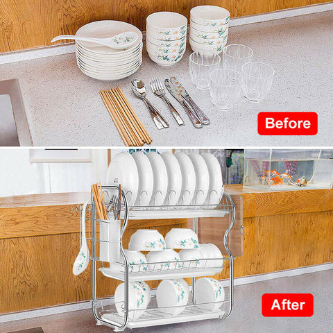 3 Tier Kitchen Dish Rack Stainless Steel Cup Drying Drainer Tray Cutlery Holder - Bright Tech Home